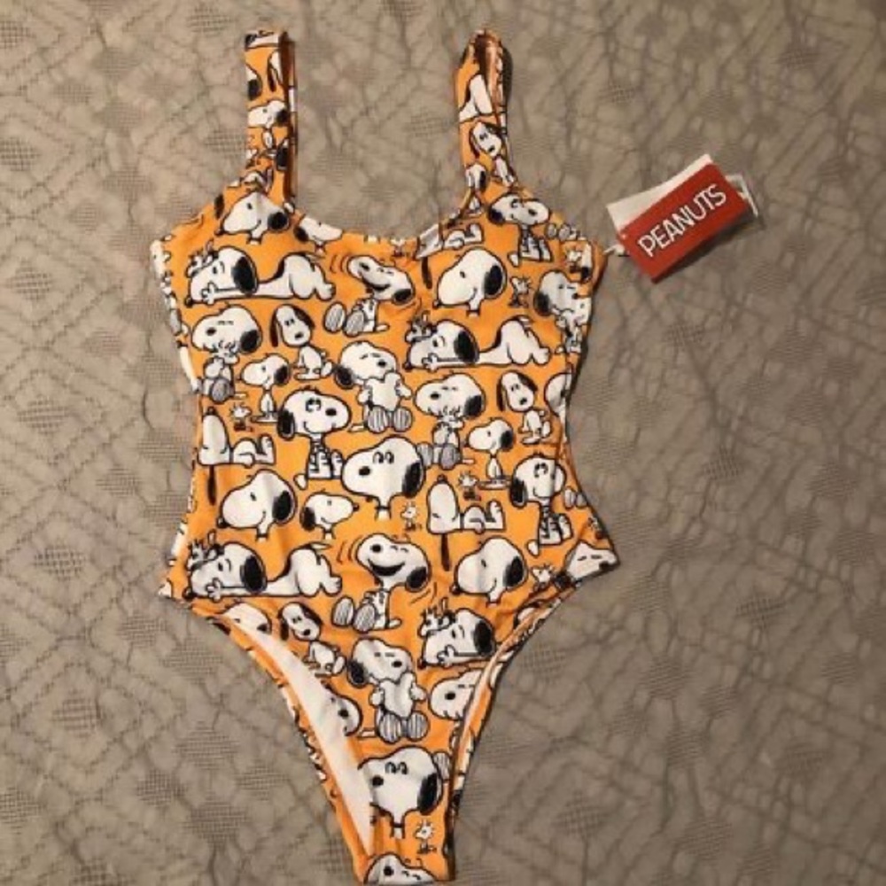 Snoopy/Peanuts Mustard Ribbed One Piece Swimsuit/Bathing Suit Size S/ New w/Tags